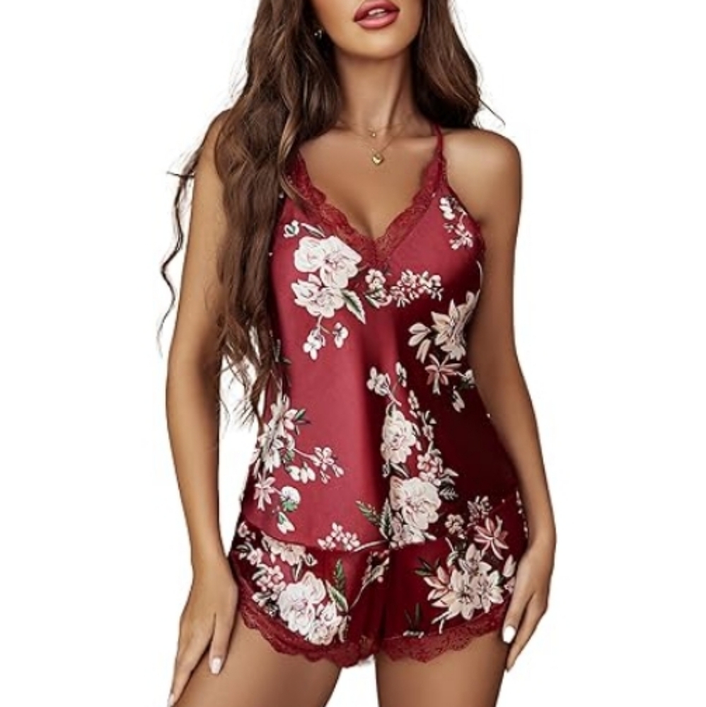 Nightwear Satin Pajamas Set Sleepwear Womens Sexy Lingerie Floral Wine Red